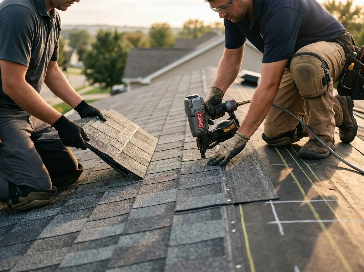 Professional roofer working on a residential roof in Morganton